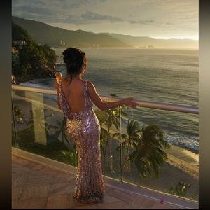 CASSANDRA STONE BY MAC DUGGAL 3434A champagne gold sequins gown Small XS 4 6